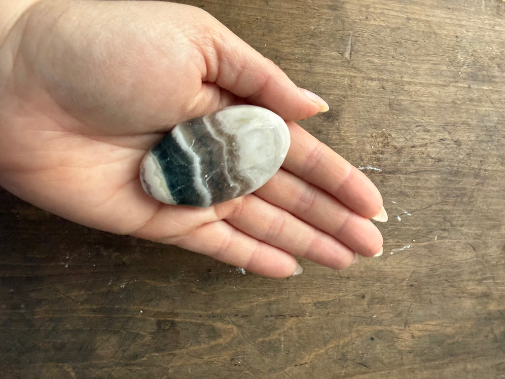 Blue Fluorite in Banded Agate Palm Stone — Grounding & Clarity Crystal