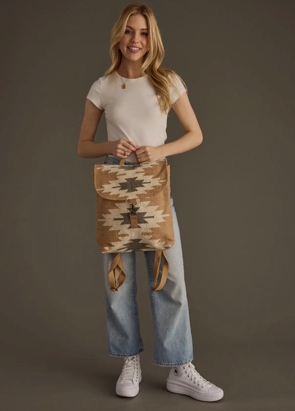 Woven Aztec Backpack — 100% Cotton in Tan, Gray & Cream