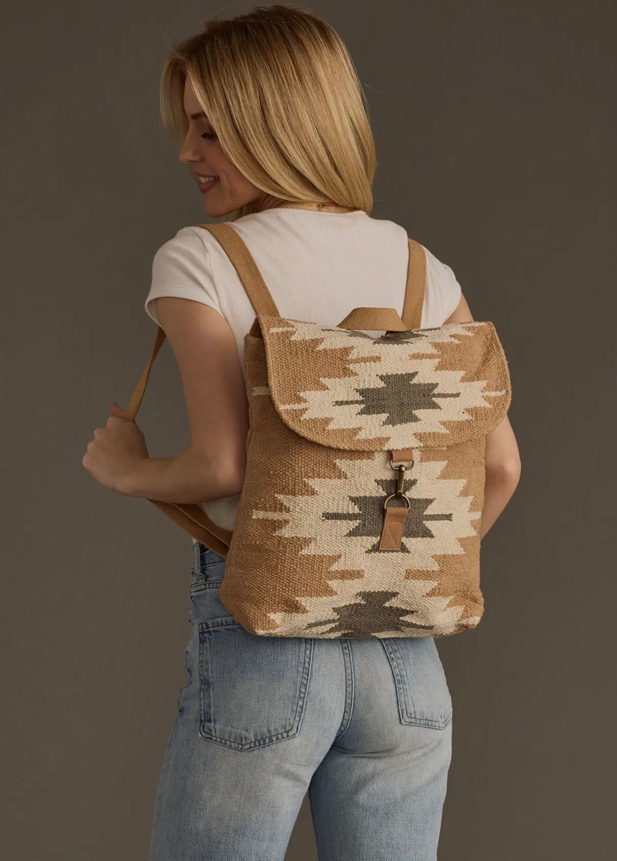 Woven Aztec Backpack — 100% Cotton in Tan, Gray & Cream