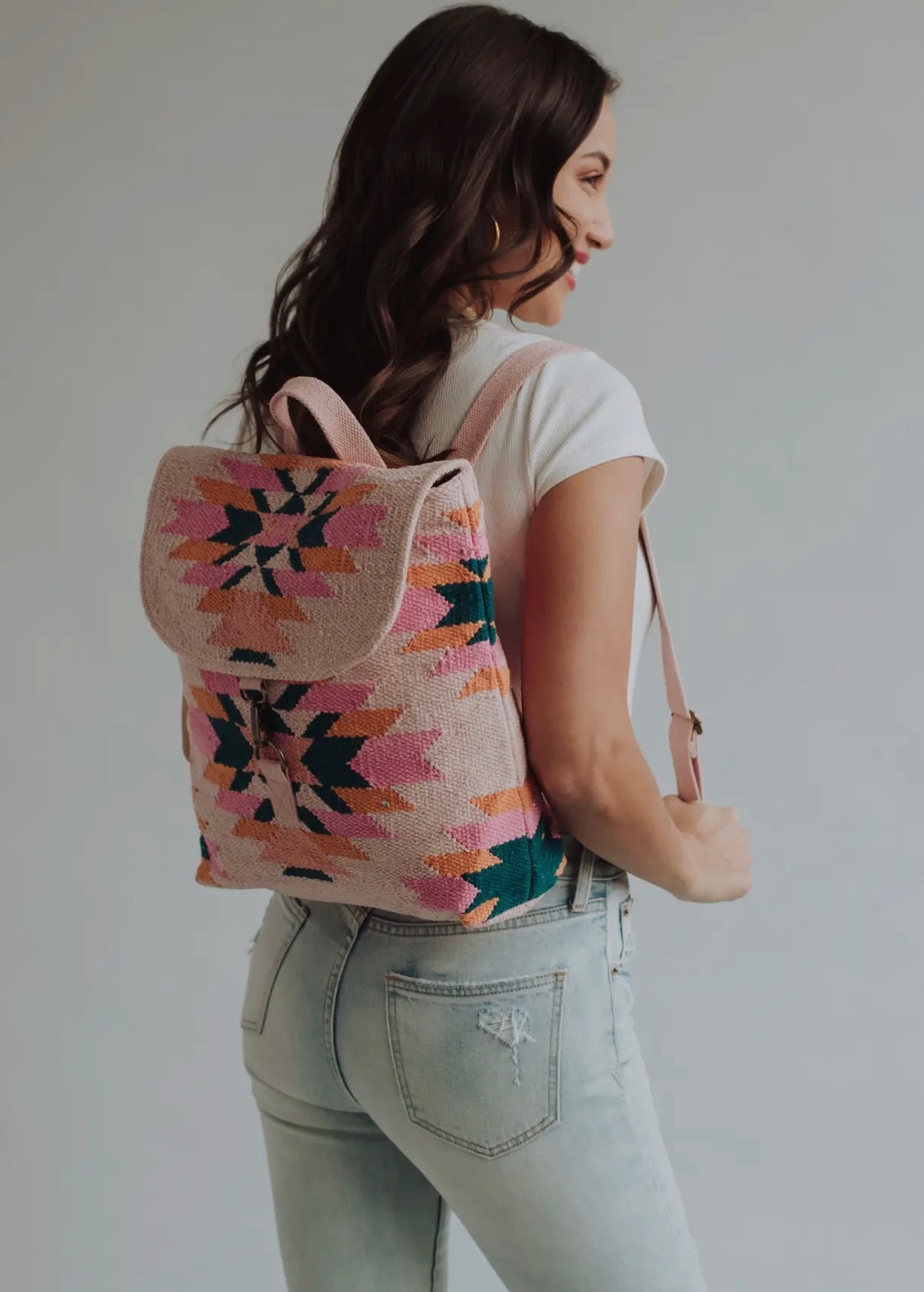 Woven Aztec Backpack — 100% Cotton in Pink, Teal & Orange