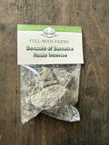 Bag of Benzoin of Sumatra Resin Incense from Full Moon Farms on a wooden surface