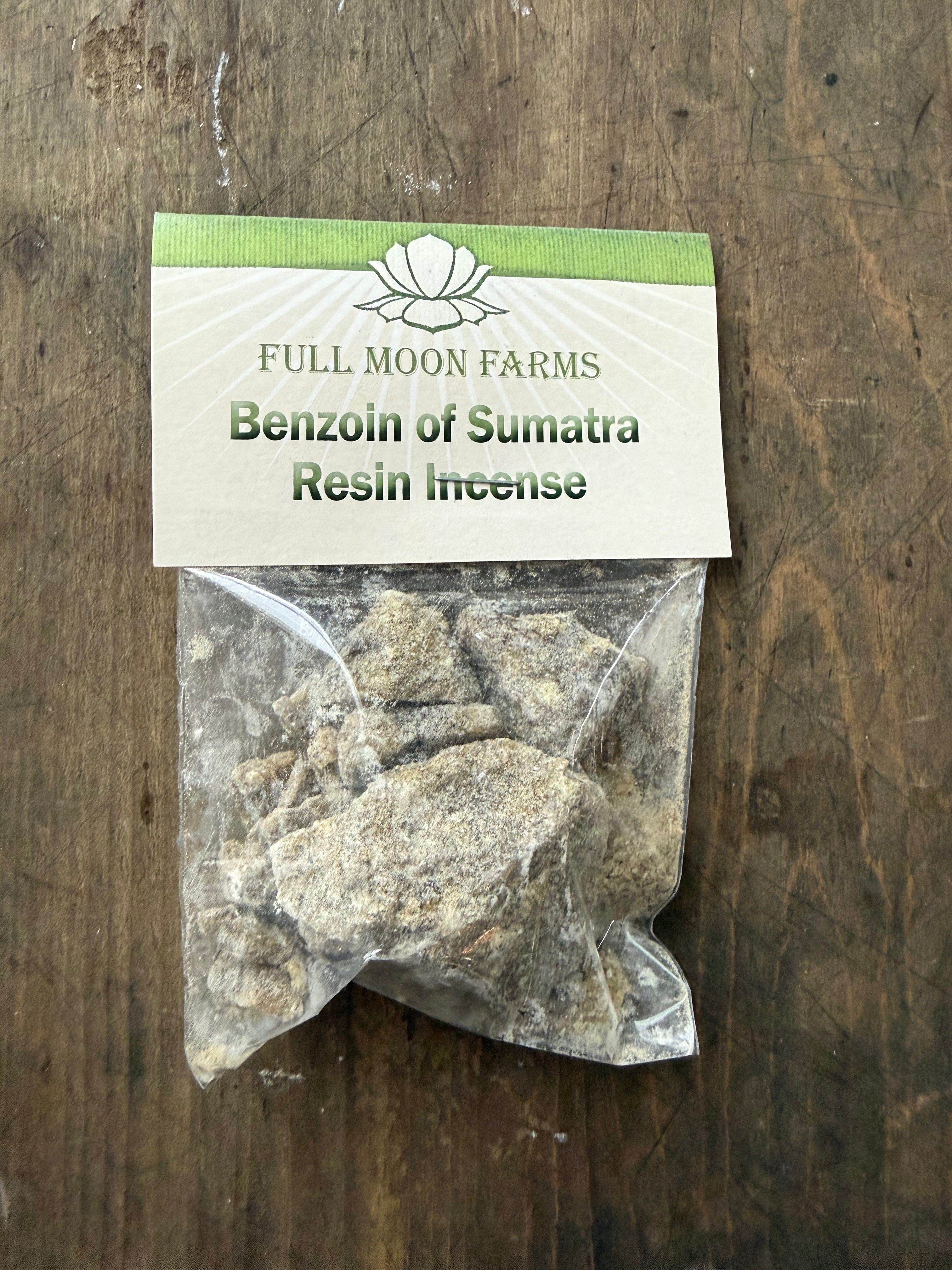 Bag of Benzoin of Sumatra Resin Incense from Full Moon Farms on a wooden surface