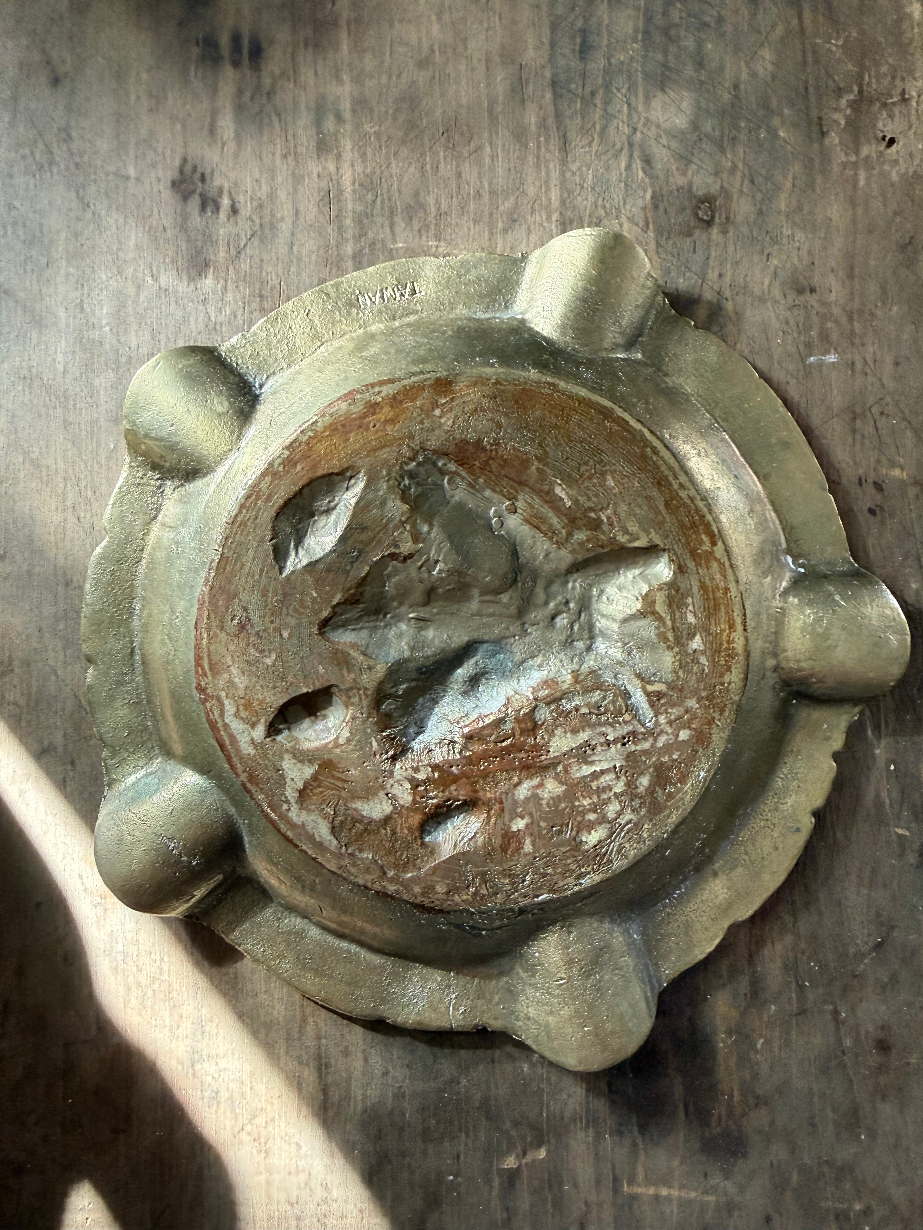 Vintage Solid Brass Dragon Ashtray — 8” Ornate Chinese Symbolism Decorative Tray