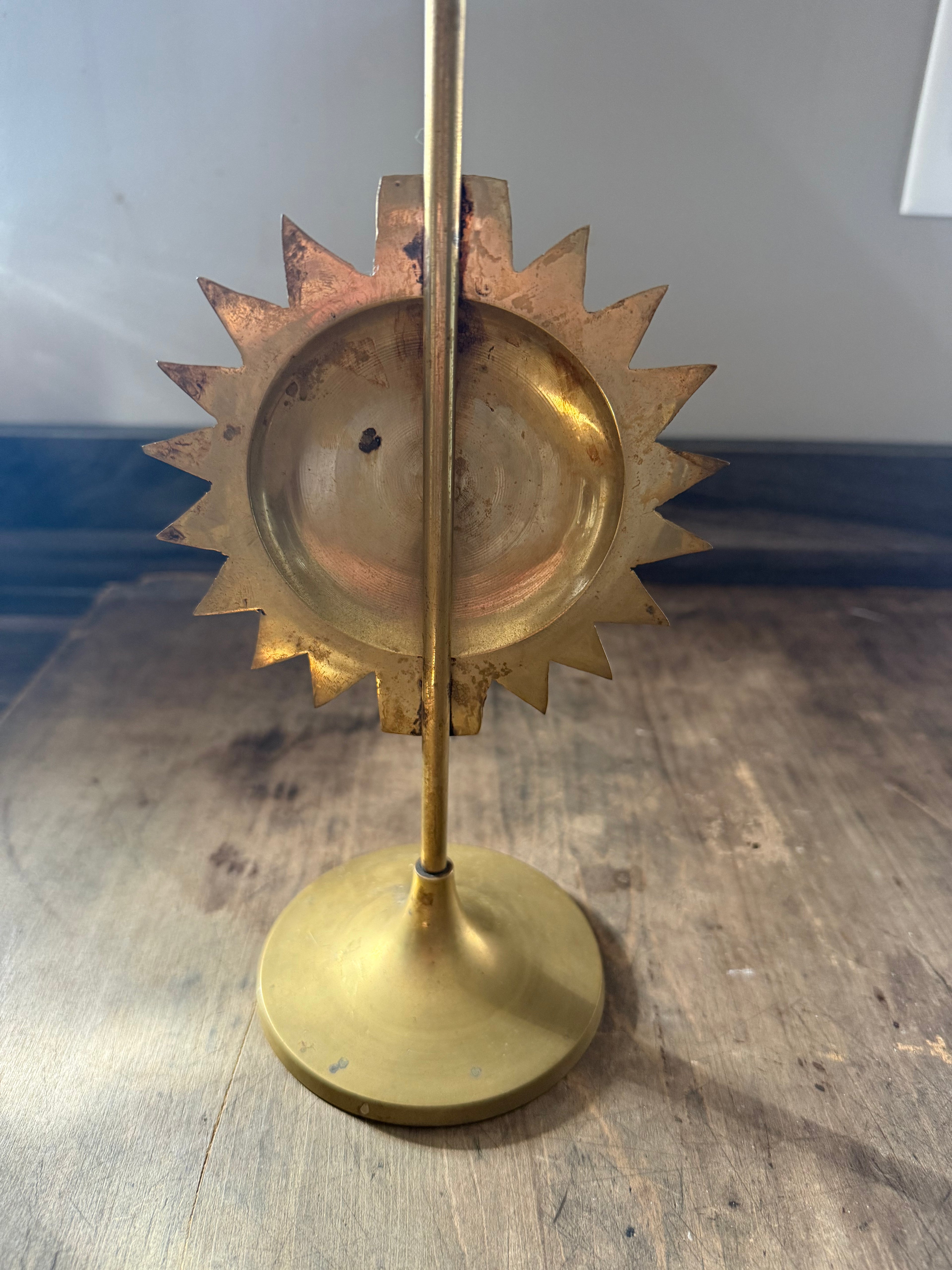 Vintage Solid Brass Celestial Sun Candlestick — Sun Face Taper Holder (11.5”)