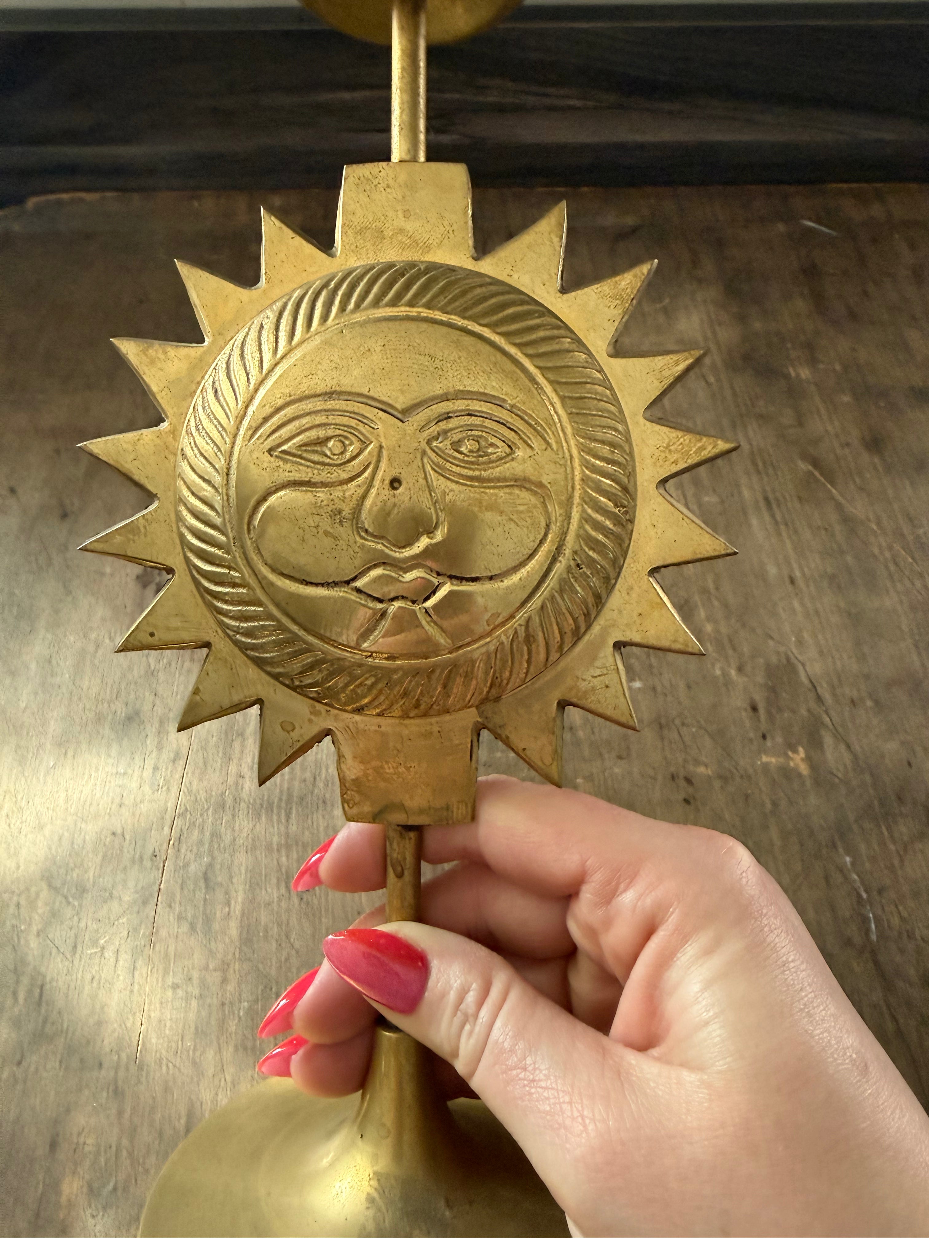 Vintage Solid Brass Celestial Sun Candlestick — Sun Face Taper Holder (11.5”)