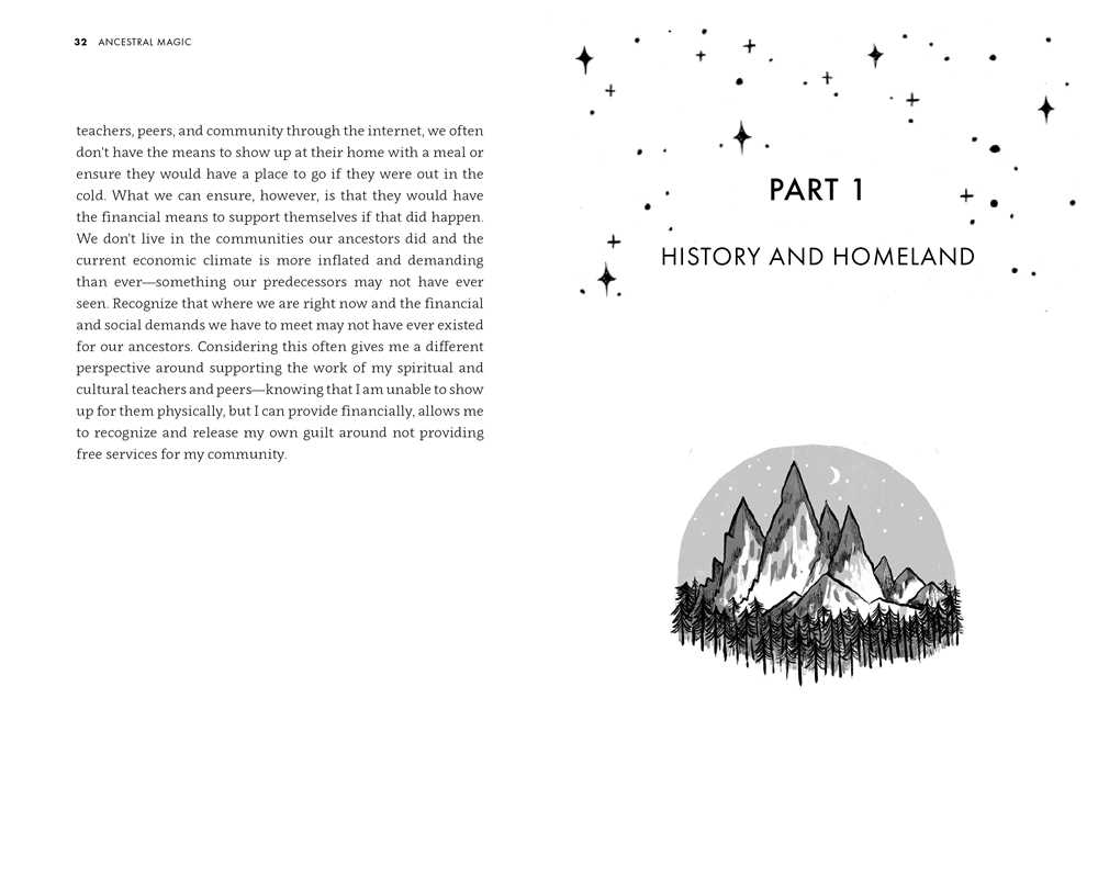 A black and white printed page with paragraphs of text on the left, the heading 'PART 1 HISTORY AND HOMELAND' at top right, and a black line drawing of mountains with stars at the bottom right.