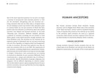 Book page with text on human ancestors and a black and white illustration of a candle.