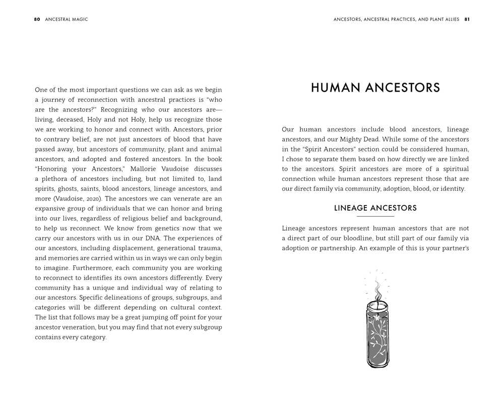 Book page with text on human ancestors and a black and white illustration of a candle.