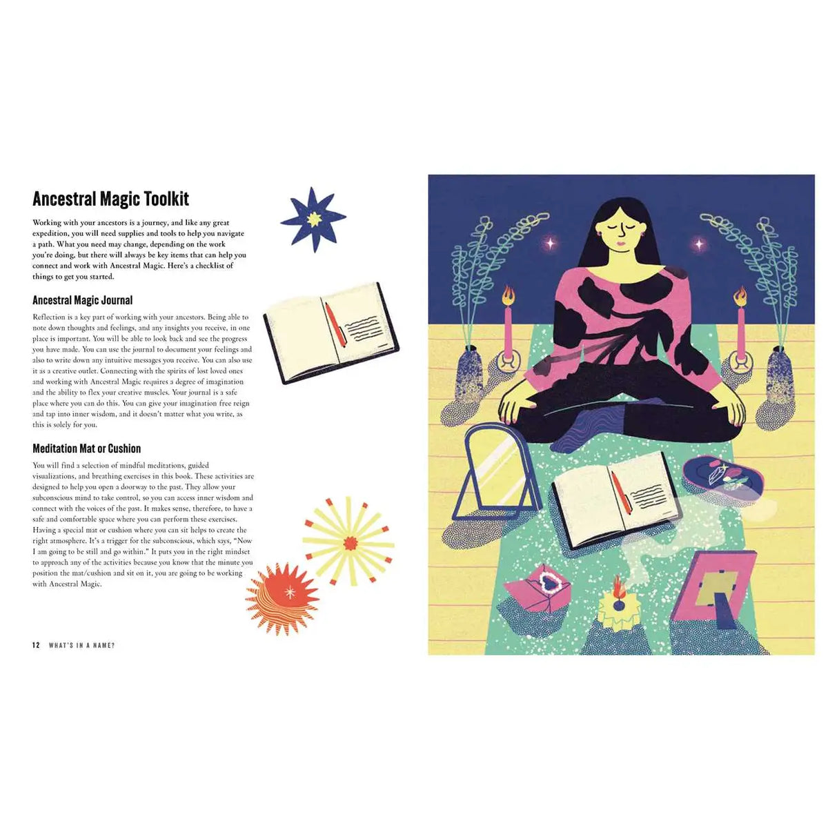 Illustration of a person meditating with books and candles on a colorful background