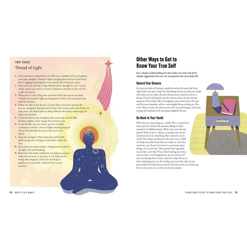 Magazine page with a silhouette of a person in meditation, text on self-discovery, and a small illustration of a desk.