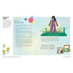A printed page from a guide titled 'My Ancestral Karma Journey' featuring a light blue background, text instructions, colorful flower illustrations, and a central illustration of a woman in a field with trees.