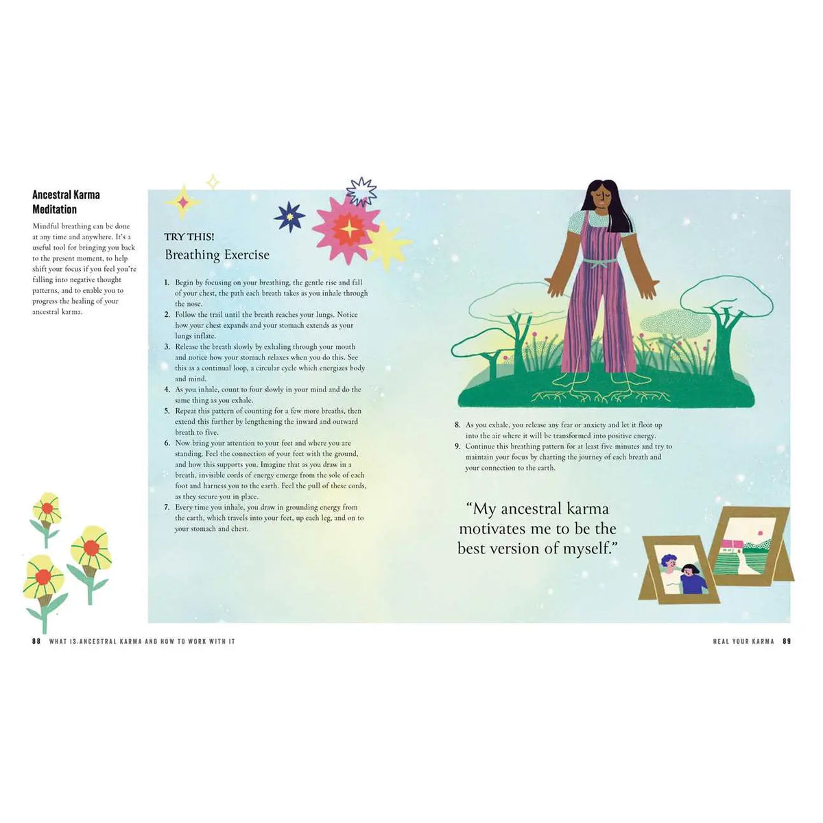 A printed page from a guide titled 'My Ancestral Karma Journey' featuring a light blue background, text instructions, colorful flower illustrations, and a central illustration of a woman in a field with trees.