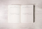 Open book with a table of contents on a light wooden surface