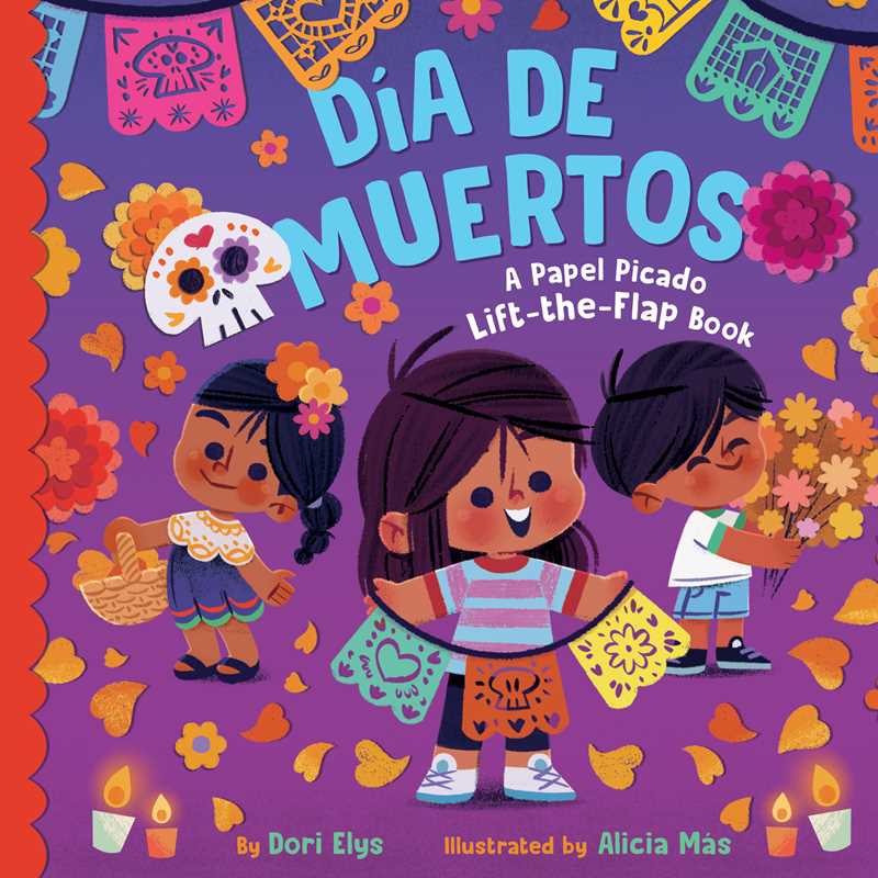 Book cover of 'Dóa de Muertos' with colorful illustrations and text on a purple background.