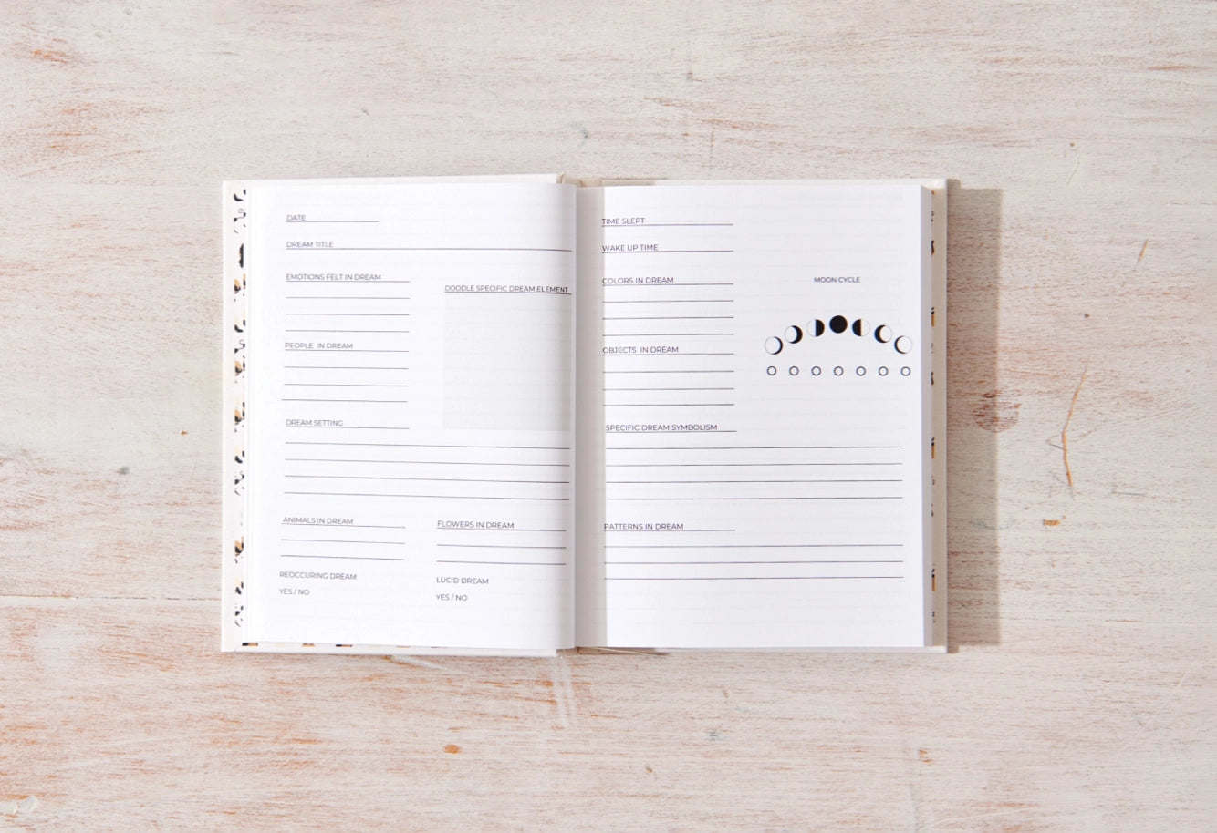 Open notebook on a wooden surface with celestial phase diagram