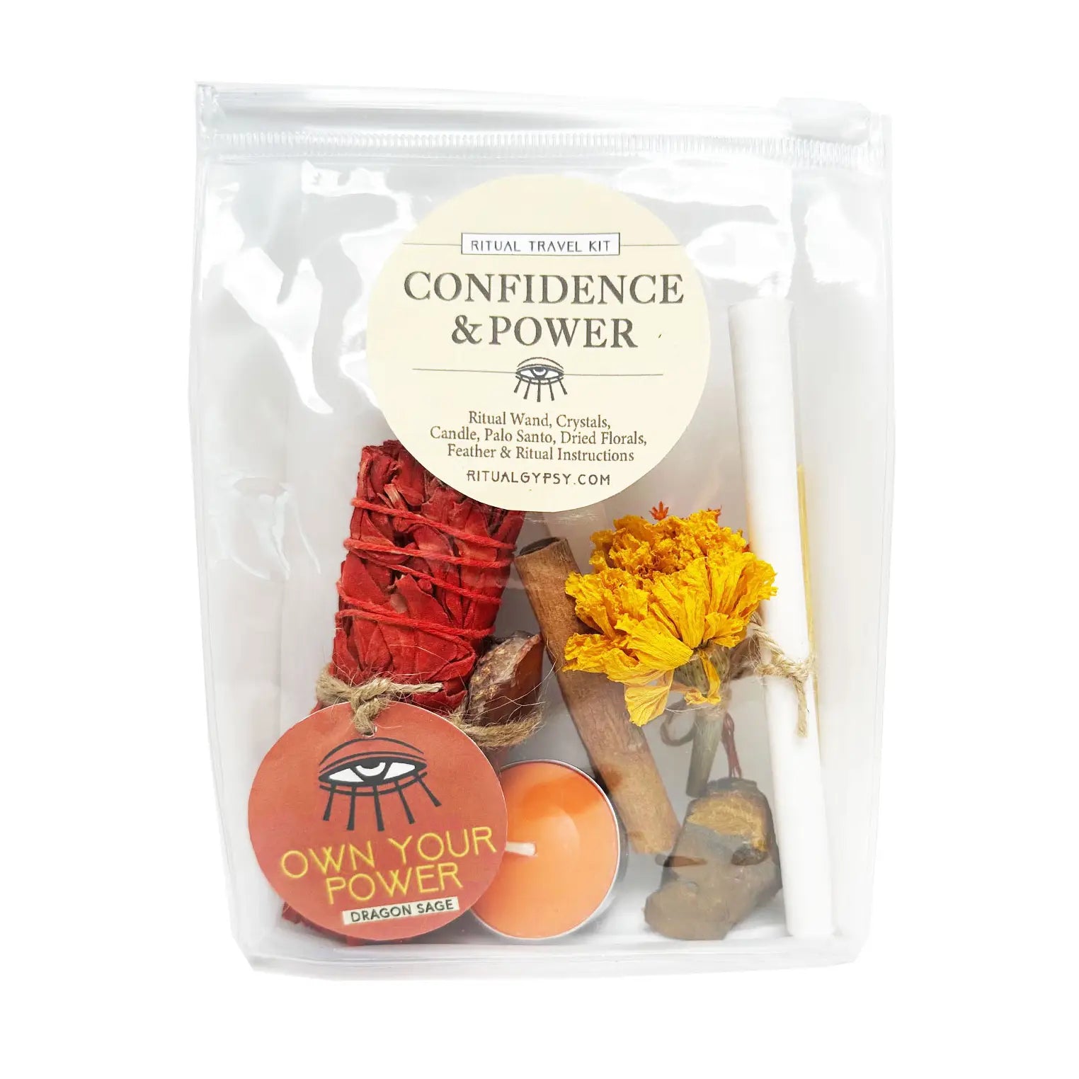 Packaged ritual kit labeled 'Confidence & Power' with various items including candles and crystals.