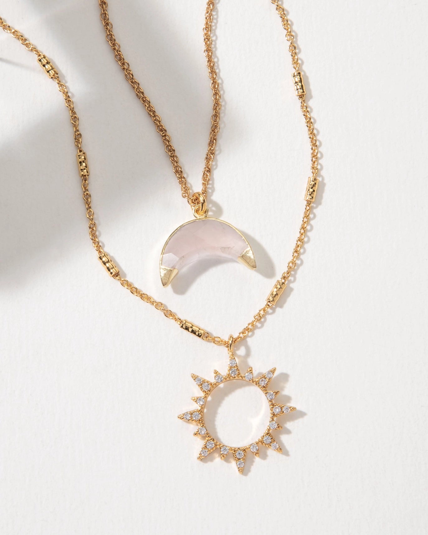 Live by the Sun, Love by the Moon Layered Necklace Set | 14KT Gold Plated Rose Quartz Celestial Layered Necklace