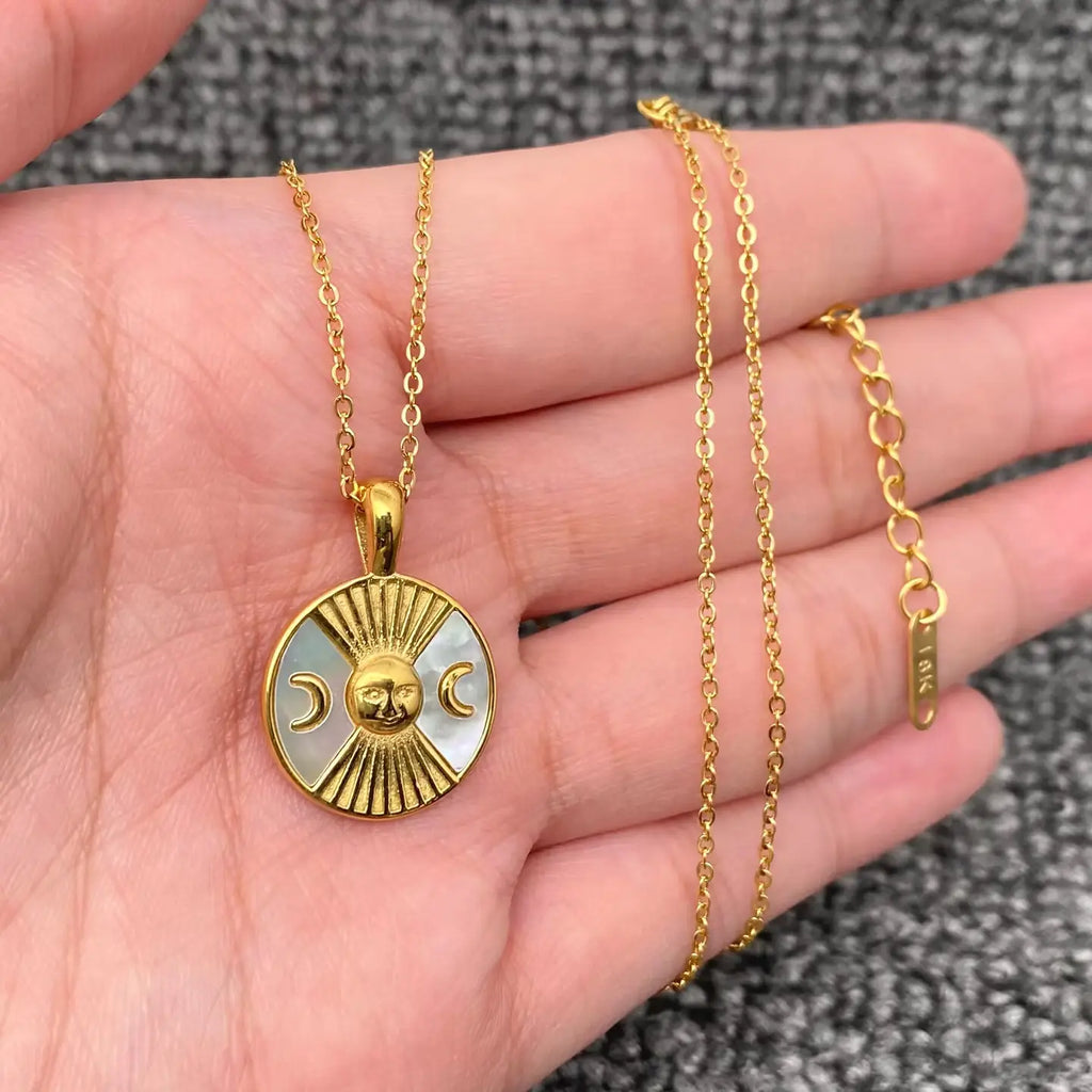 Moon Goddess Pendant Necklace—18K Gold Plated Stainless Steel Celestial Moon Pendant Necklace