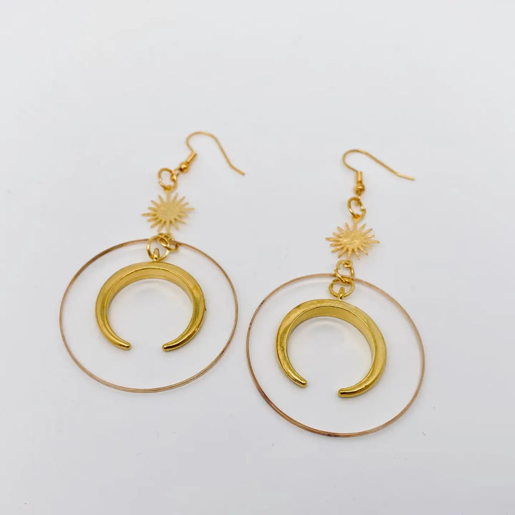 Moon & Star Large Ring Dangle Earrings—Bohemian Celestial Statement Moon Earrings