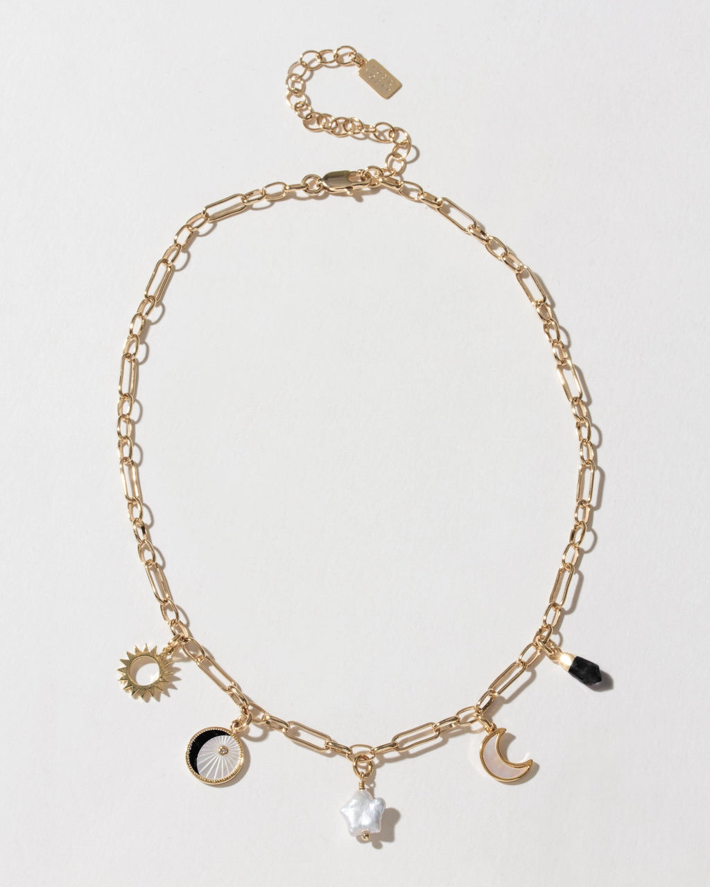 Onyx & Moonlight Charm Necklace | Celestial Gold Charm Necklace with Black Onyx, Freshwater Pearl & Mother of Pearl