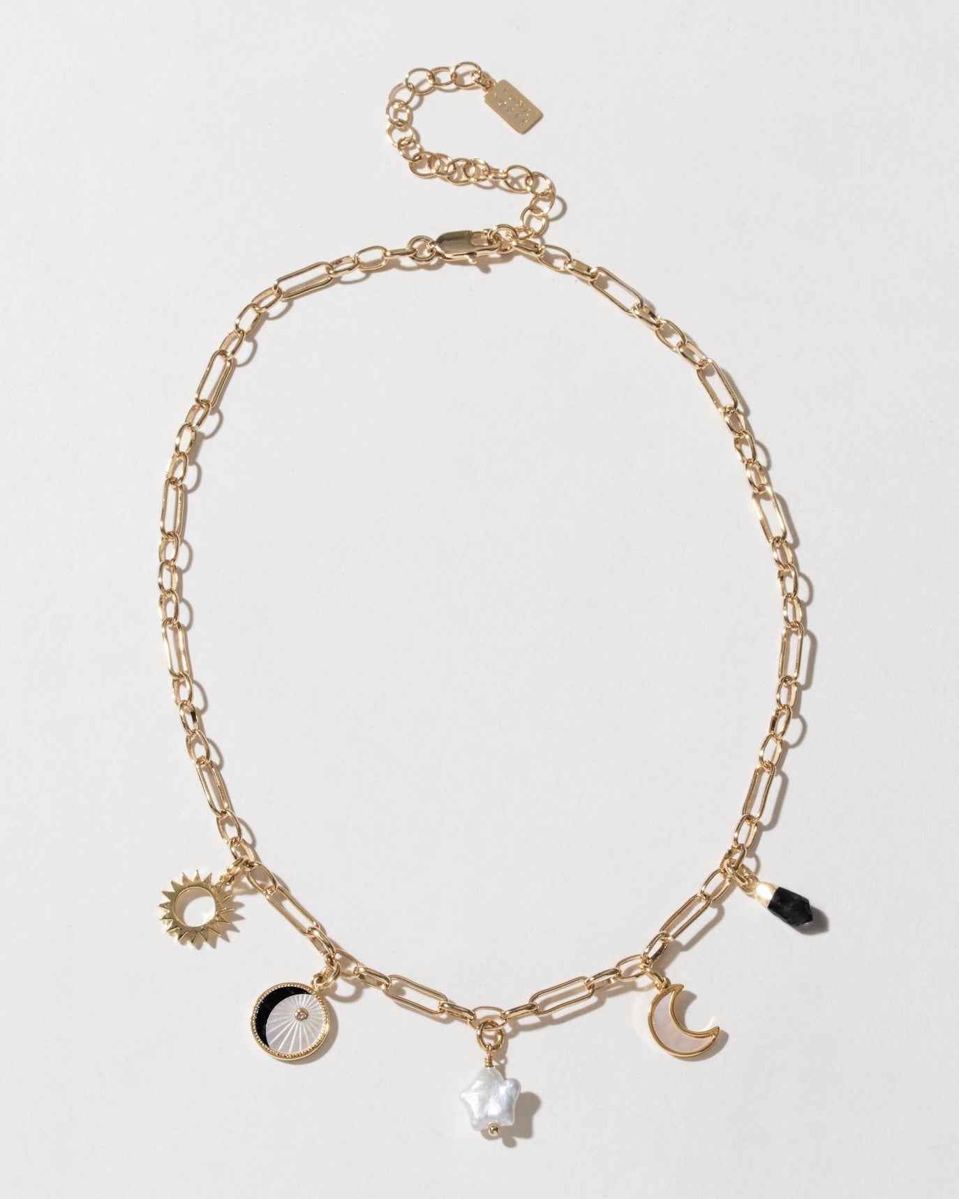Onyx & Moonlight Charm Necklace | Celestial Gold Charm Necklace with Black Onyx, Freshwater Pearl & Mother of Pearl