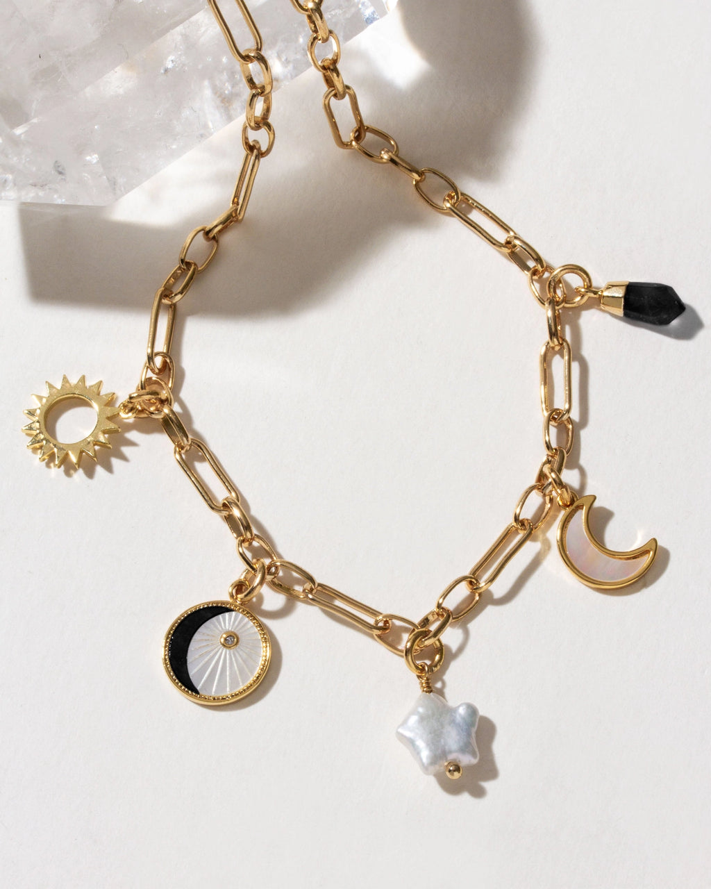Onyx & Moonlight Charm Necklace | Celestial Gold Charm Necklace with Black Onyx, Freshwater Pearl & Mother of Pearl