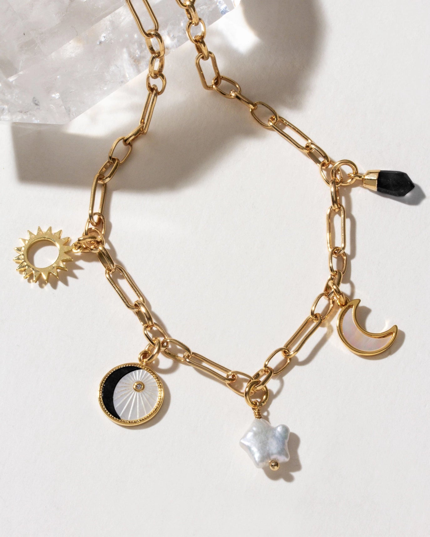 Onyx & Moonlight Charm Necklace | Celestial Gold Charm Necklace with Black Onyx, Freshwater Pearl & Mother of Pearl