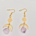 Amethyst Sun & Moon Pendant Earrings—Bohemian Celestial Crescent Moon Crystal Drop Earrings