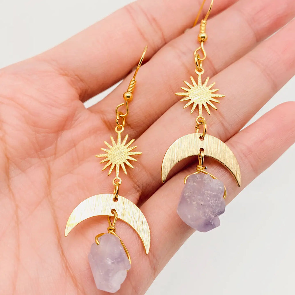 Amethyst Sun & Moon Pendant Earrings—Bohemian Celestial Crescent Moon Crystal Drop Earrings