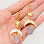 Amethyst Sun & Moon Pendant Earrings—Bohemian Celestial Crescent Moon Crystal Drop Earrings