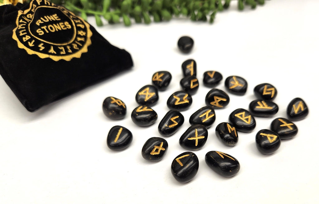Black Agate Rune Stone Set — Protection, Grounding & Ancient Divination Tools