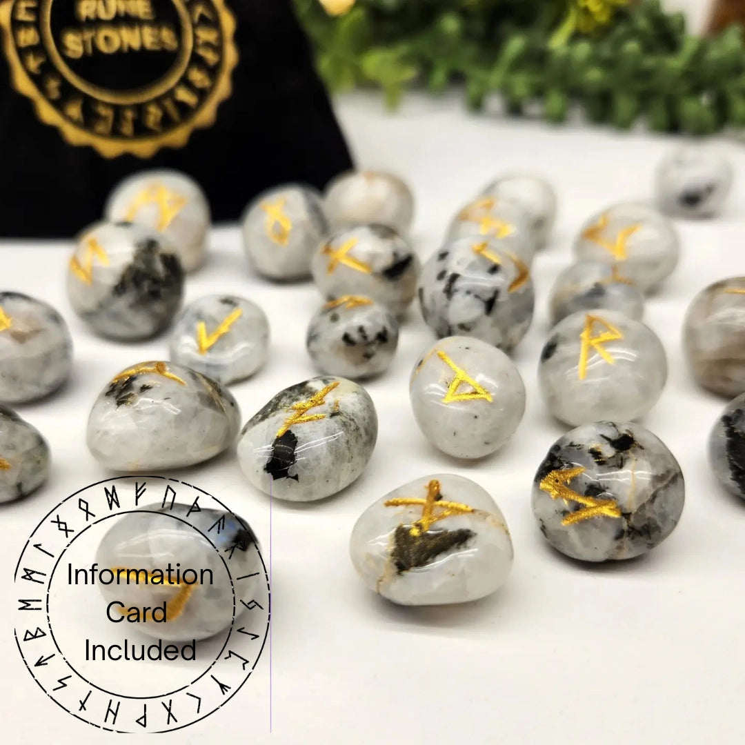 Rainbow Moonstone Rune Stone Set — Intuition, Lunar Energy & Feminine Wisdom Divination Tools