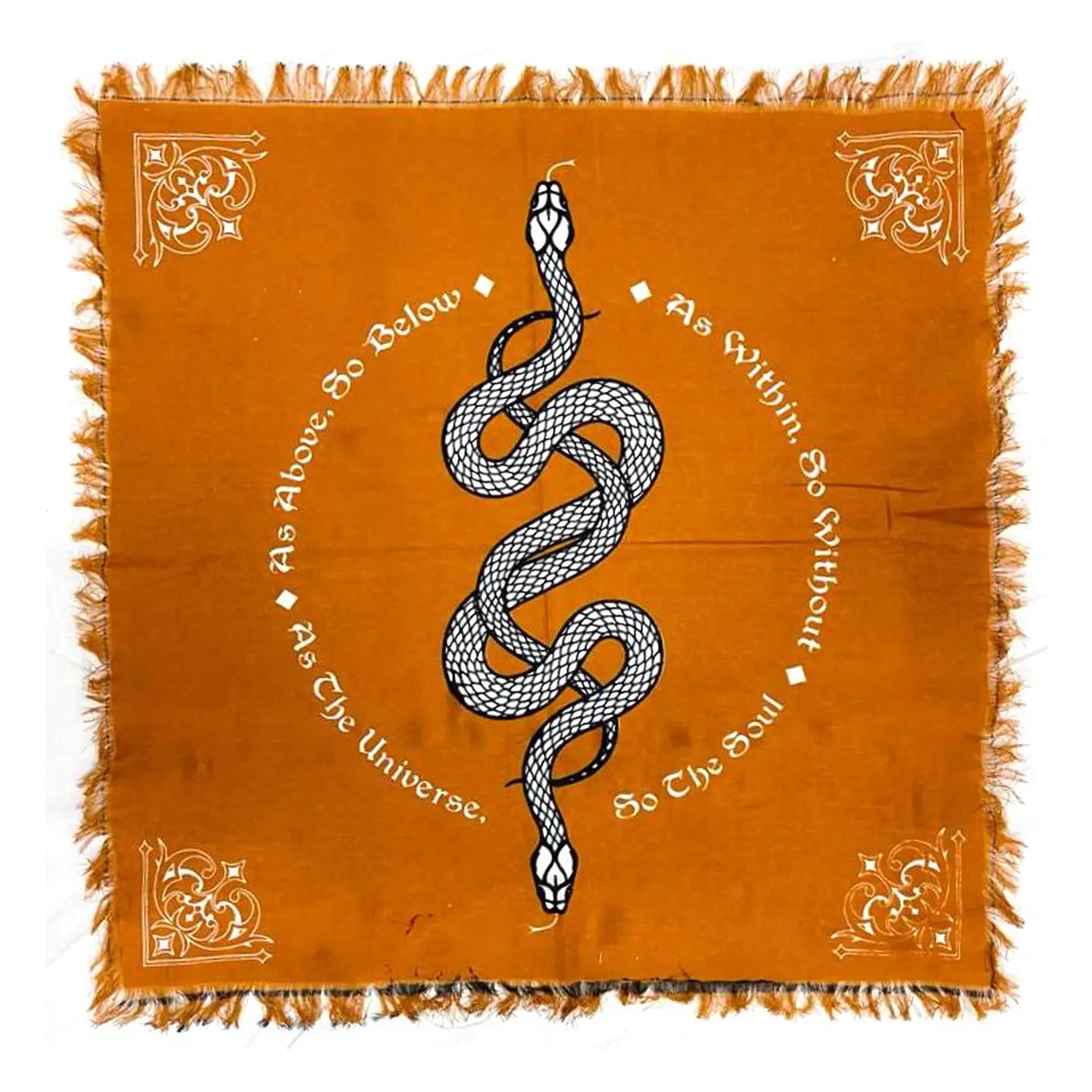 Orange bandana with black snake design and text on a white background