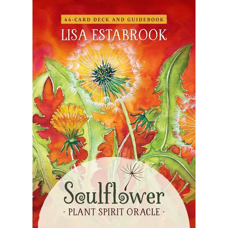Front cover of the 'Soulflower Plant Spirit Oracle' card deck and guidebook by Lisa Estabrook, featuring a vibrant watercolor illustration of dandelions in red, orange, yellow, and green.