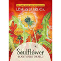 Front cover of the 'Soulflower Plant Spirit Oracle' card deck and guidebook by Lisa Estabrook, featuring a vibrant watercolor illustration of dandelions in red, orange, yellow, and green.