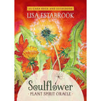 Front cover of the 'Soulflower Plant Spirit Oracle' card deck and guidebook by Lisa Estabrook, featuring a vibrant watercolor illustration of dandelions in red, orange, yellow, and green.