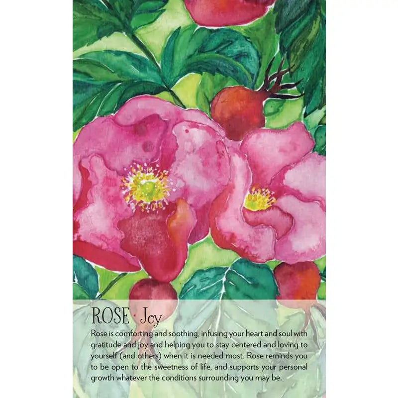 A vertical art print featuring a watercolor painting of pink peonies with green leaves and red berries, with a text panel at the bottom that reads 'ROSE - Joy' and a supportive quote.