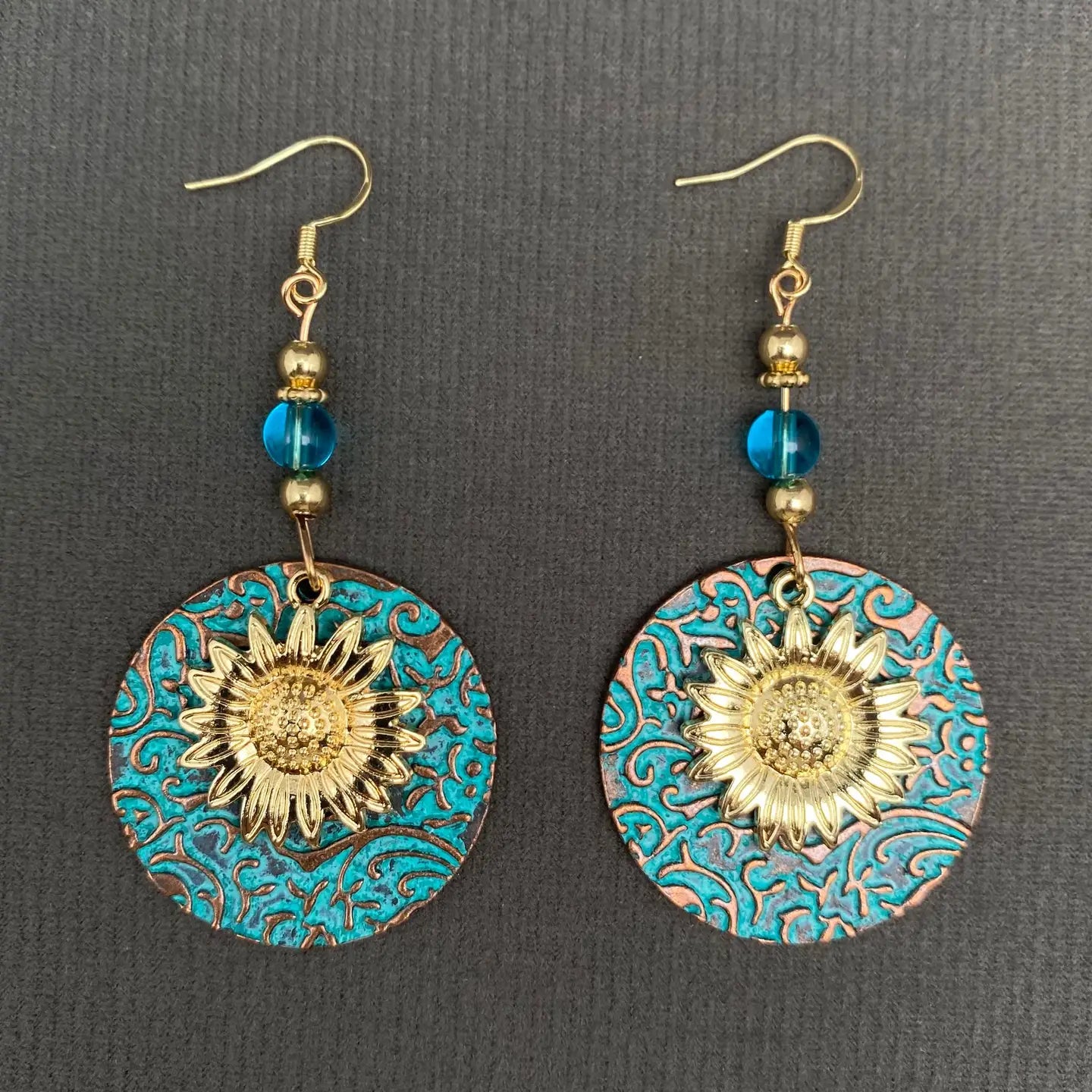 Sunflower Dangle Earrings—Bohemian Gold Plated Botanical Statement Earrings