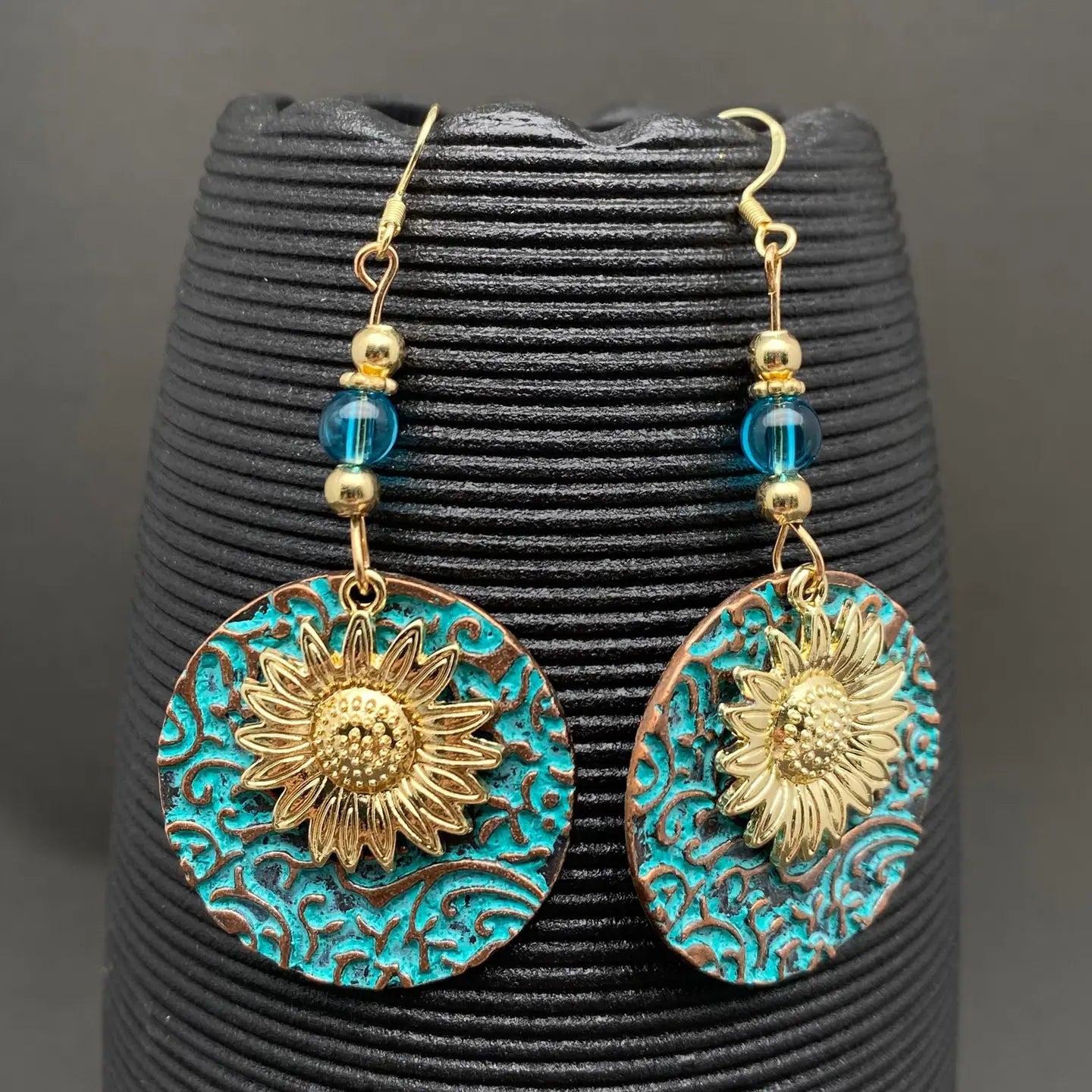Sunflower Dangle Earrings—Bohemian Gold Plated Botanical Statement Earrings