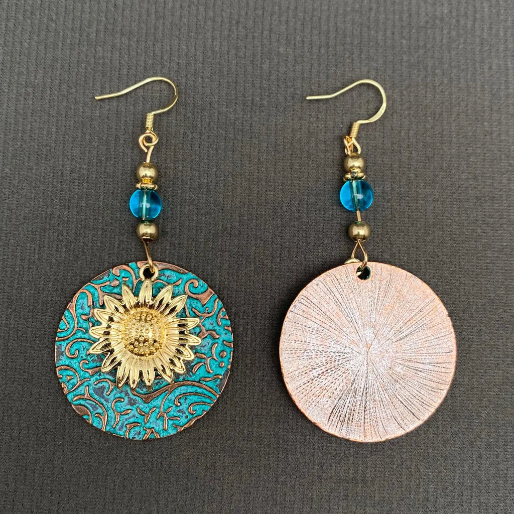 Sunflower Dangle Earrings—Bohemian Gold Plated Botanical Statement Earrings