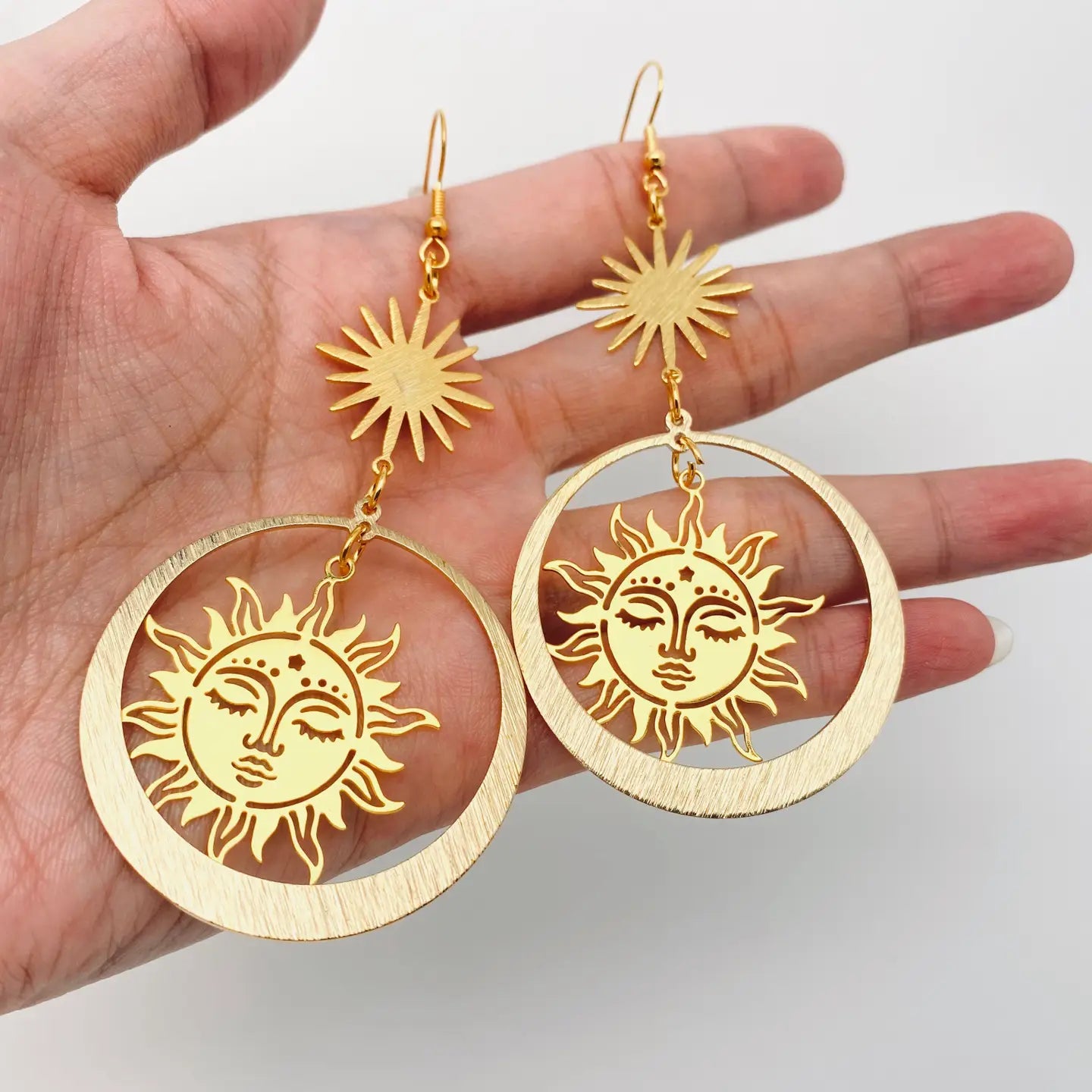 Golden Sun Goddess Pendant Earrings—Bohemian Celestial Sun Statement Earrings