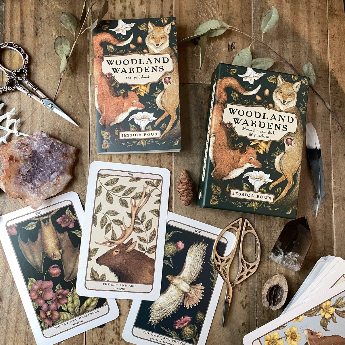 Woodland Wardens books and cards on a wooden surface with nature-themed decor.