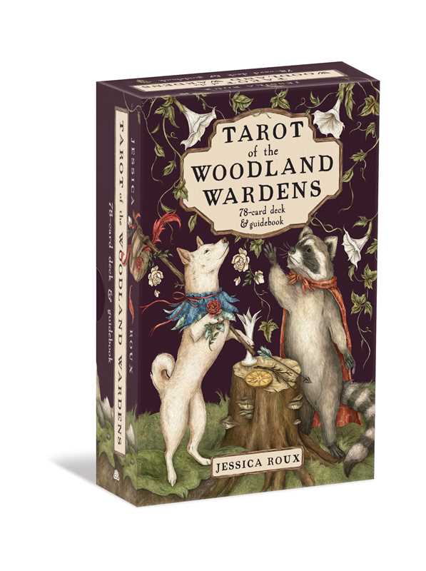A boxed tarot deck package titled "Tarot of the Woodland Wardens" by Jessica Roux, shown at a slight angle on a white background. The box features an illustrated woodland scene with a white fox, a badger, flowers, and green foliage on a dark purple background.