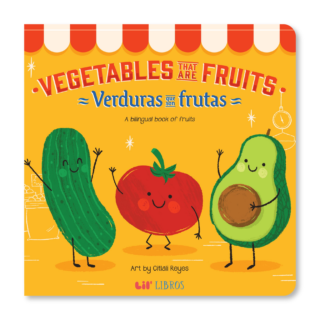 Book cover with vegetables and fruits on a yellow background