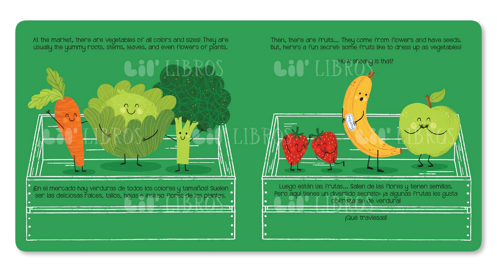 Educational children's book page with cartoon vegetables and fruits on a green background