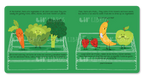 Educational children's book page with cartoon vegetables and fruits on a green background