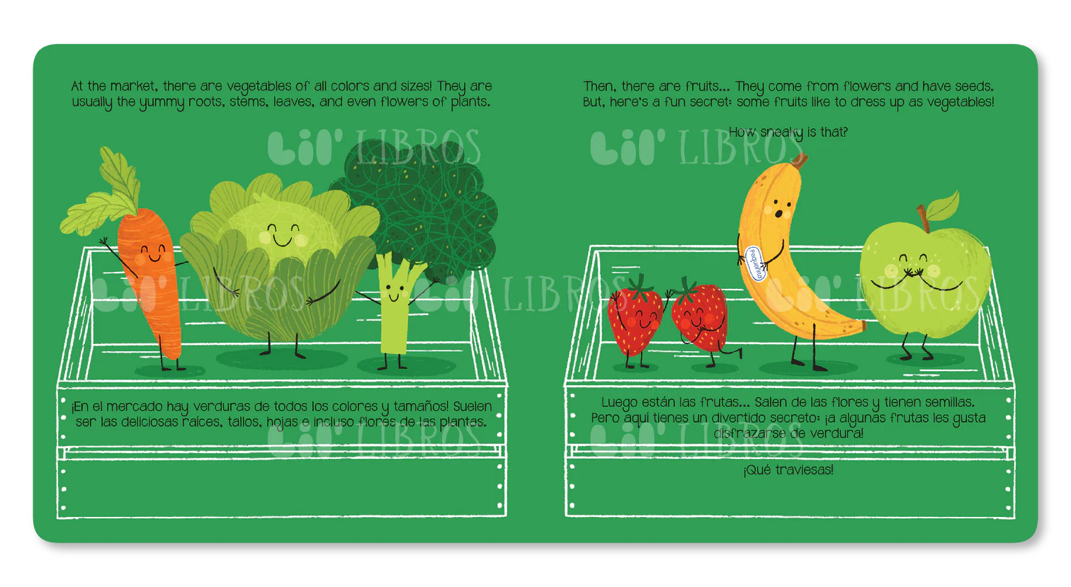 Educational children's book page with cartoon vegetables and fruits on a green background
