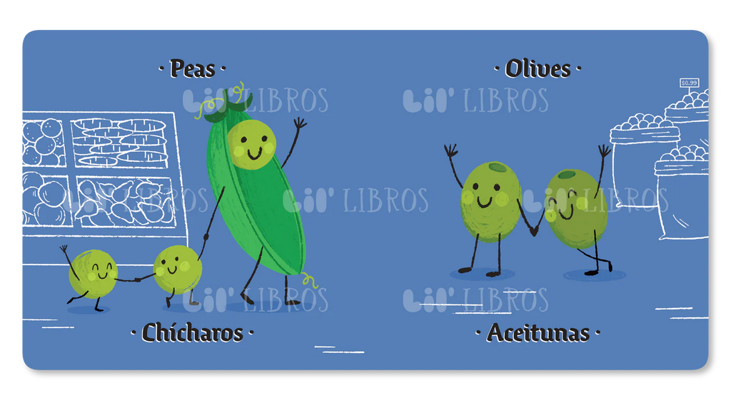 Illustration of peas and olives with a blue background featuring 'Lil' Libros' branding.