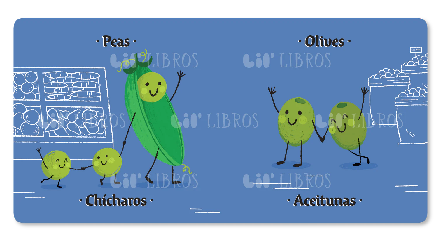 Illustration of peas and olives with a blue background featuring 'Lil' Libros' branding.