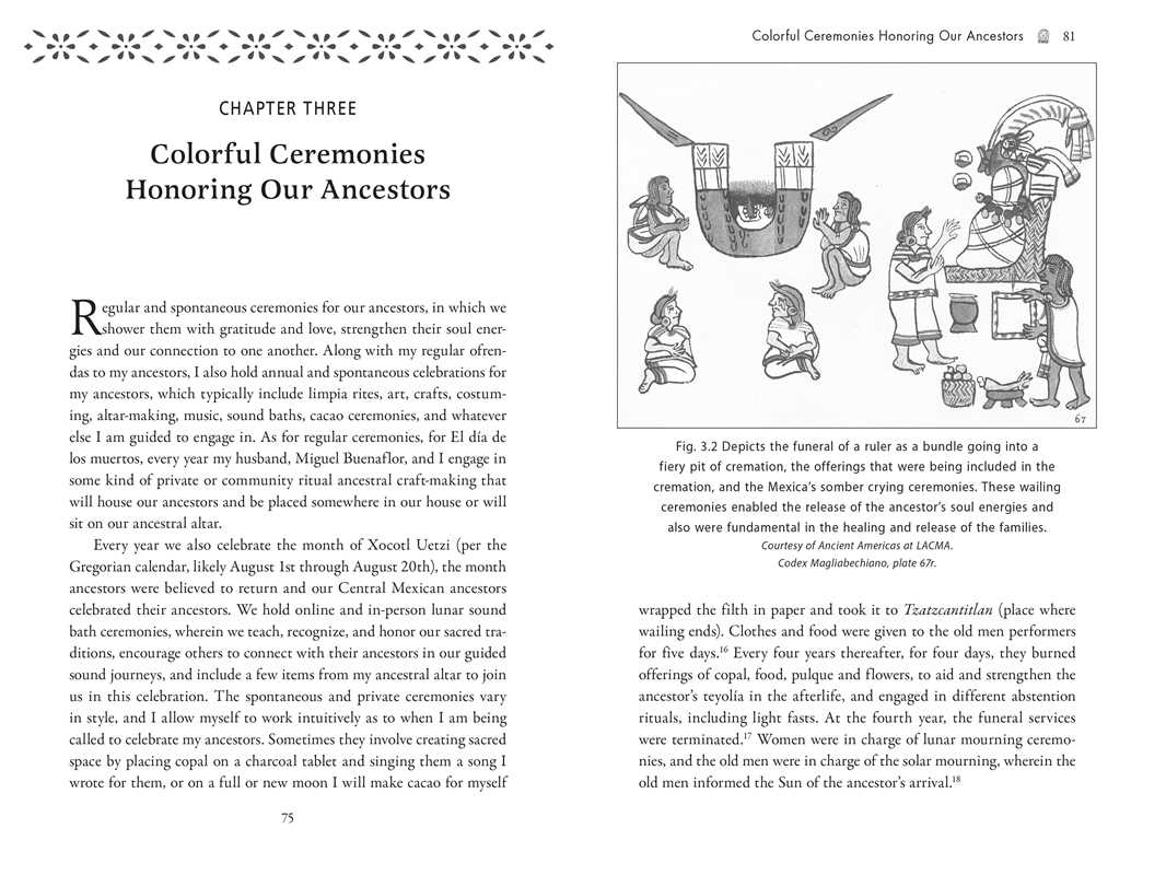 Book page with text and illustrations about colorful ceremonies honoring ancestors.